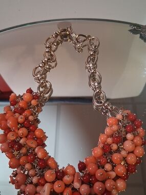Vintage FURLA 16" Coral Bead & Silver Tone Link Statement Necklace Shepherd Hook